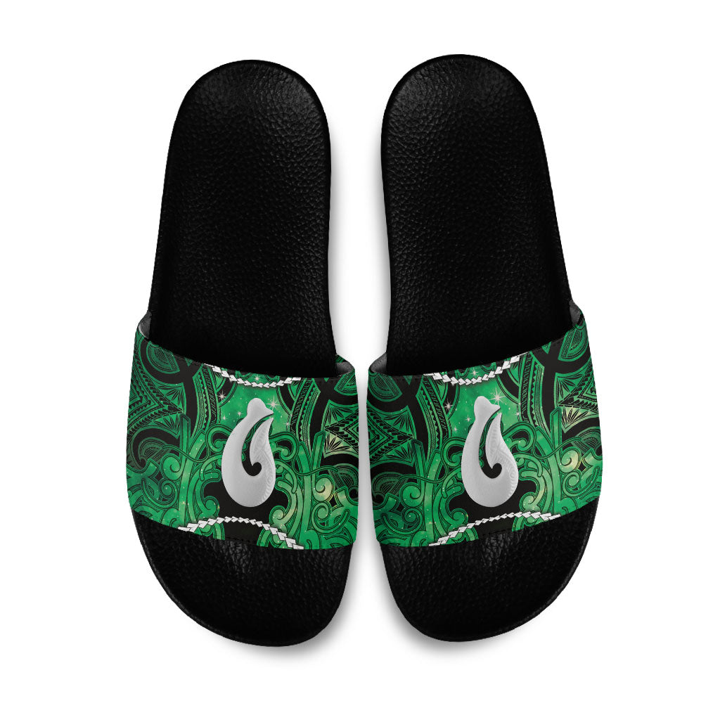 Maori Matariki Hei Matau Kakariki Slide Sandals Maori Kowhaiwhai Pattern Galaxy