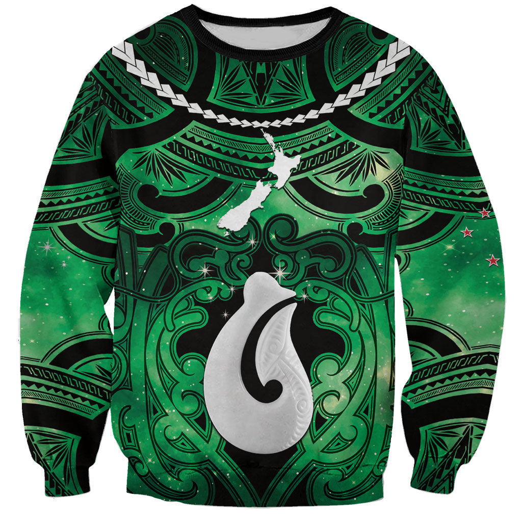 Personalised Maori Matariki Hei Matau Kakariki Sweatshirt Maori Kowhaiwhai Pattern Galaxy LT01 Unisex Green - Polynesian Pride