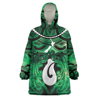 Personalised Maori Matariki Hei Matau Kakariki Wearable Blanket Hoodie Maori Kowhaiwhai Pattern Galaxy LT01 One Size Green - Polynesian Pride