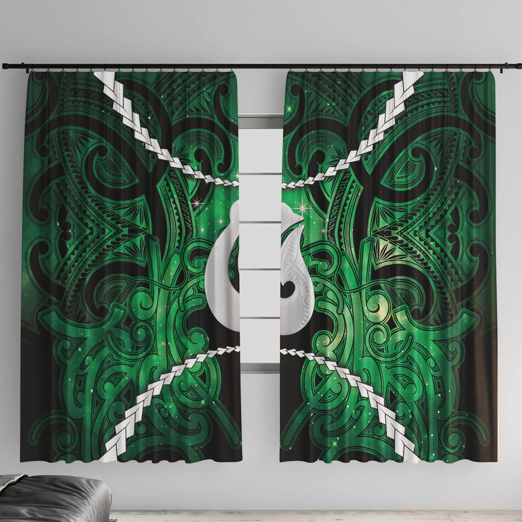 Maori Matariki Hei Matau Kakariki Window Curtain Maori Kowhaiwhai Pattern Galaxy LT01 With Hooks Green - Polynesian Pride