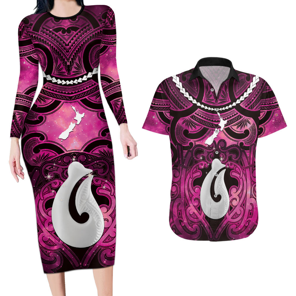 Personalised Maori Matariki Hei Matau Mawhero Couples Matching Long Sleeve Bodycon Dress and Hawaiian Shirt Maori Kowhaiwhai Pattern Galaxy