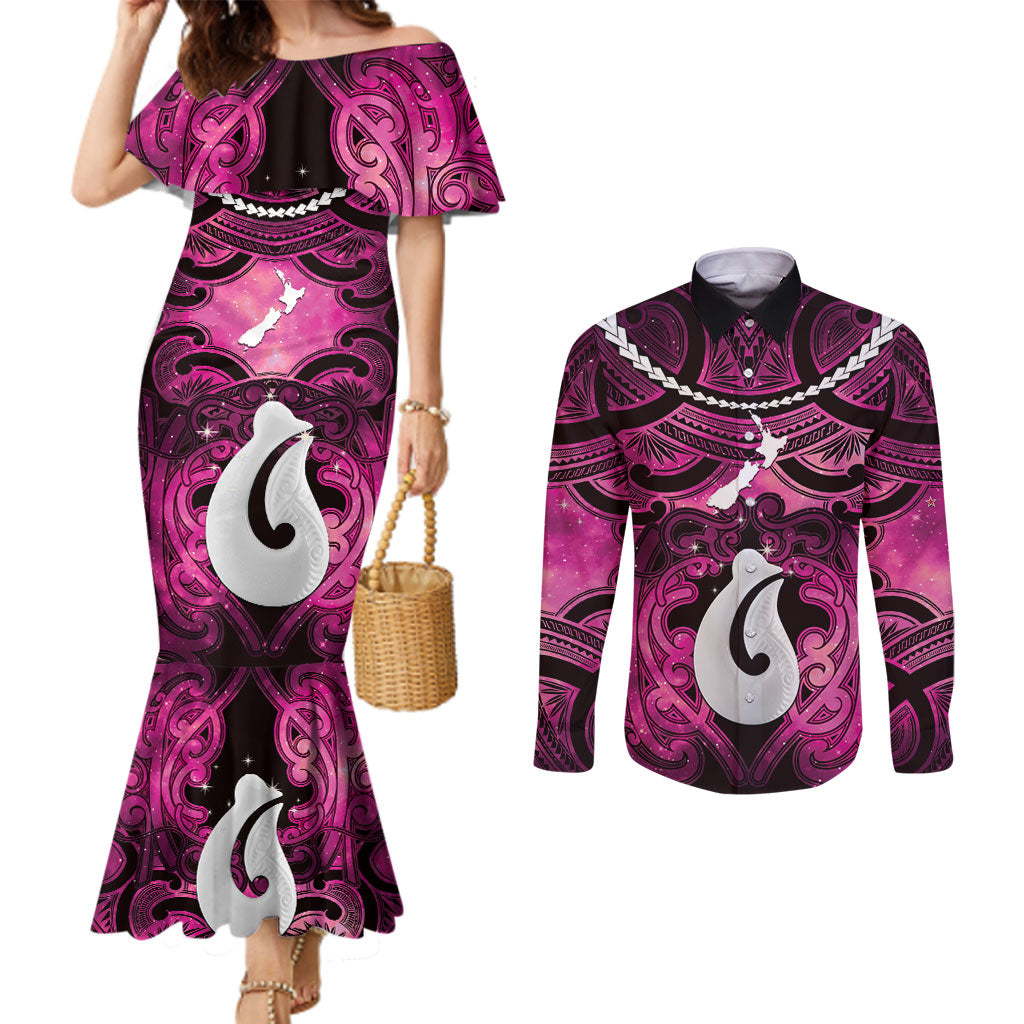 Personalised Maori Matariki Hei Matau Mawhero Couples Matching Mermaid Dress and Long Sleeve Button Shirt Maori Kowhaiwhai Pattern Galaxy