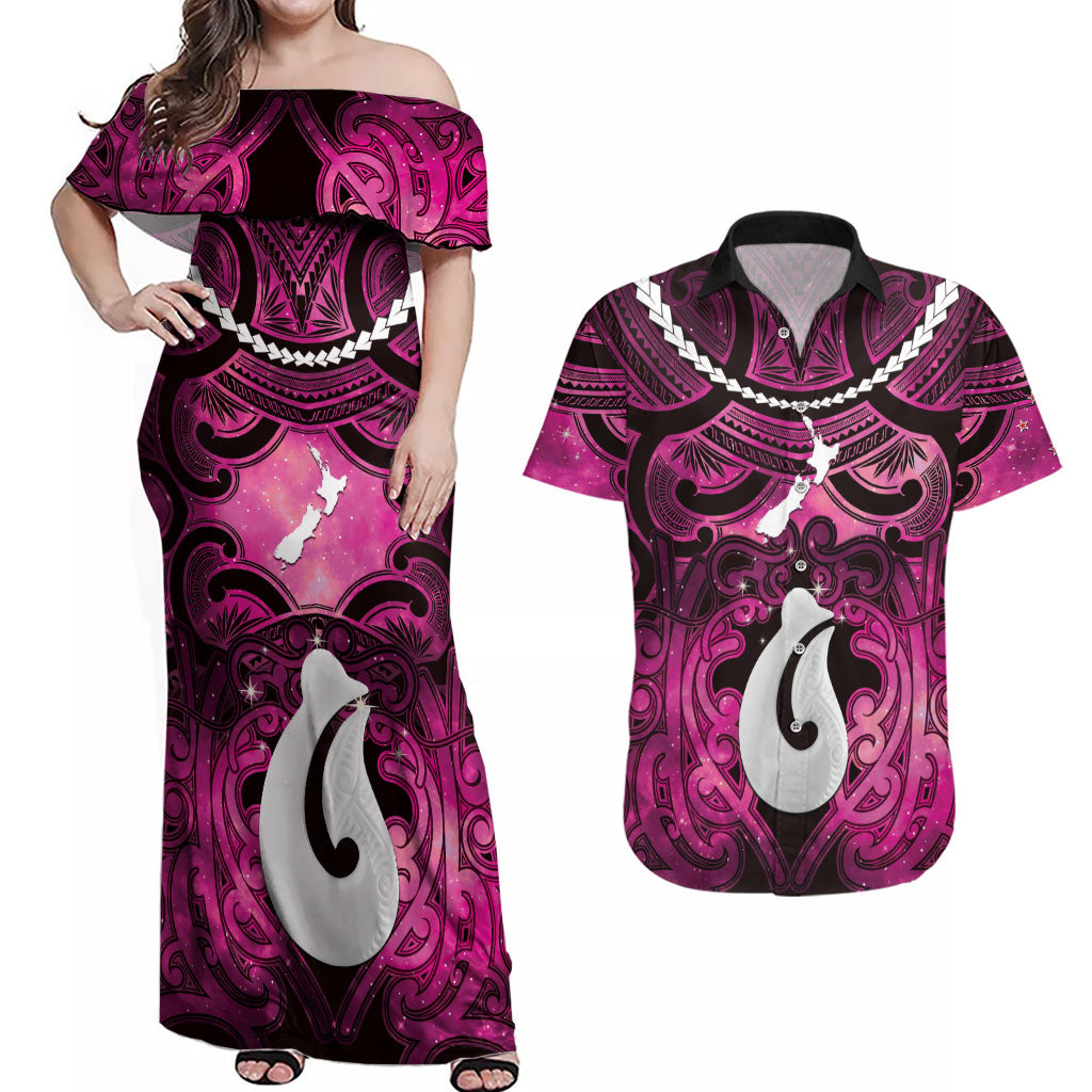 Personalised Maori Matariki Hei Matau Mawhero Couples Matching Off Shoulder Maxi Dress and Hawaiian Shirt Maori Kowhaiwhai Pattern Galaxy
