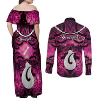 Personalised Maori Matariki Hei Matau Mawhero Couples Matching Off Shoulder Maxi Dress and Long Sleeve Button Shirt Maori Kowhaiwhai Pattern Galaxy