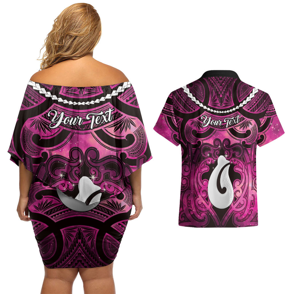 Personalised Maori Matariki Hei Matau Mawhero Couples Matching Off Shoulder Short Dress and Hawaiian Shirt Maori Kowhaiwhai Pattern Galaxy