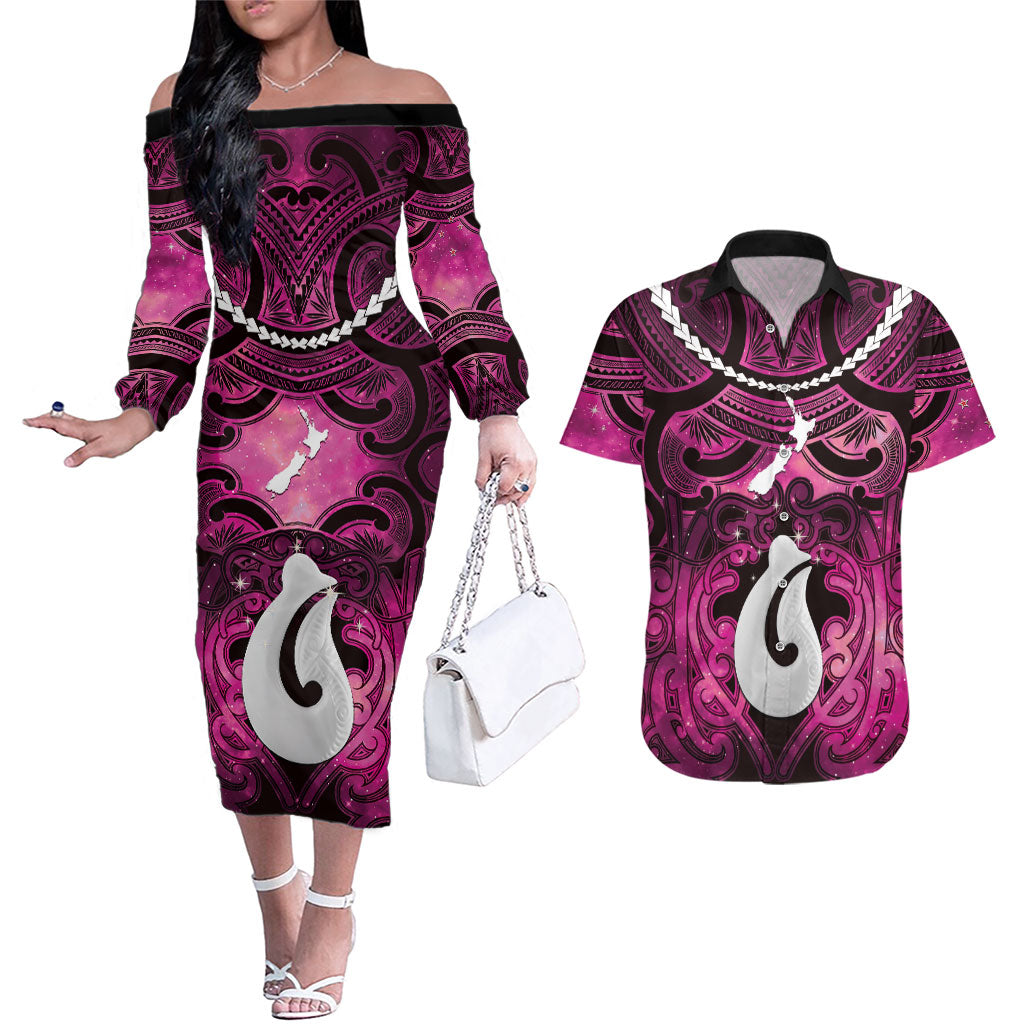 Personalised Maori Matariki Hei Matau Mawhero Couples Matching Off The Shoulder Long Sleeve Dress and Hawaiian Shirt Maori Kowhaiwhai Pattern Galaxy LT01 Pink - Polynesian Pride