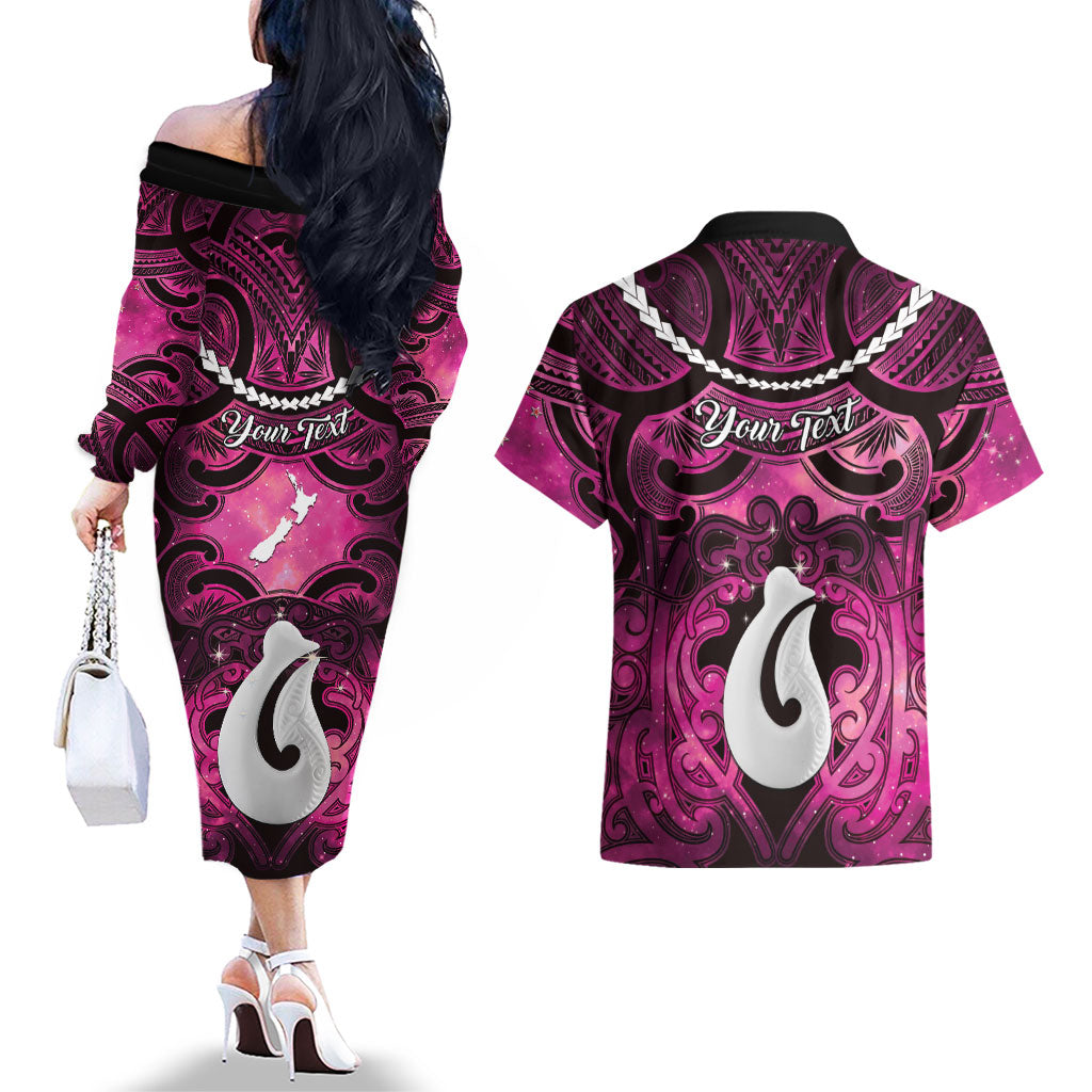 Personalised Maori Matariki Hei Matau Mawhero Couples Matching Off The Shoulder Long Sleeve Dress and Hawaiian Shirt Maori Kowhaiwhai Pattern Galaxy LT01 - Polynesian Pride