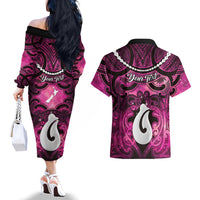 Personalised Maori Matariki Hei Matau Mawhero Couples Matching Off The Shoulder Long Sleeve Dress and Hawaiian Shirt Maori Kowhaiwhai Pattern Galaxy LT01 - Polynesian Pride