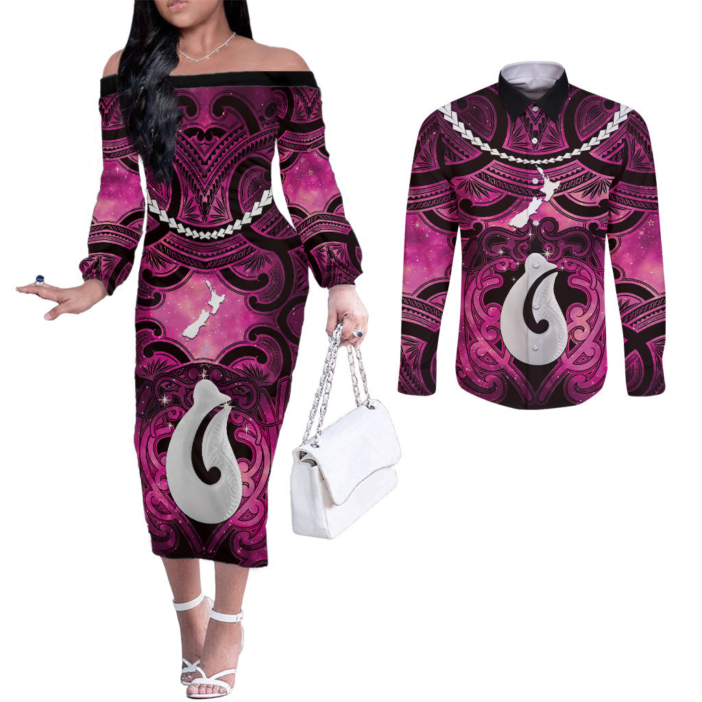 Personalised Maori Matariki Hei Matau Mawhero Couples Matching Off The Shoulder Long Sleeve Dress and Long Sleeve Button Shirt Maori Kowhaiwhai Pattern Galaxy