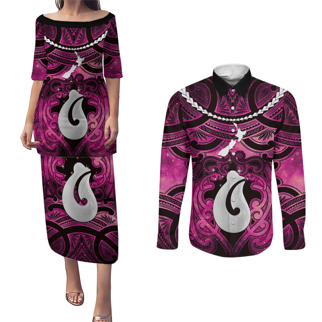 Personalised Maori Matariki Hei Matau Mawhero Couples Matching Puletasi and Long Sleeve Button Shirt Maori Kowhaiwhai Pattern Galaxy