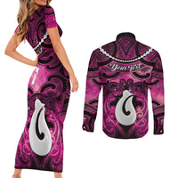 Personalised Maori Matariki Hei Matau Mawhero Couples Matching Short Sleeve Bodycon Dress and Long Sleeve Button Shirt Maori Kowhaiwhai Pattern Galaxy