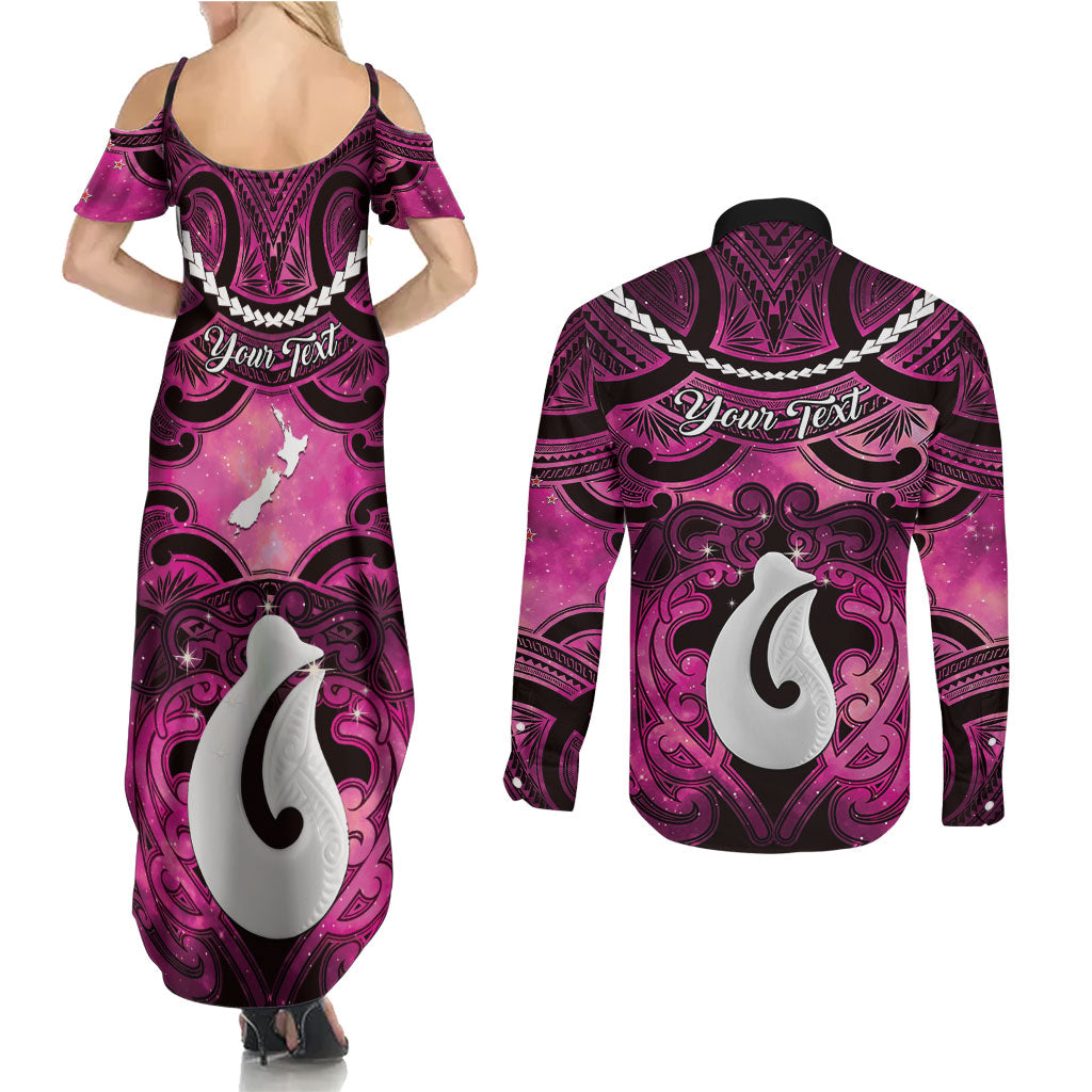 Personalised Maori Matariki Hei Matau Mawhero Couples Matching Summer Maxi Dress and Long Sleeve Button Shirt Maori Kowhaiwhai Pattern Galaxy