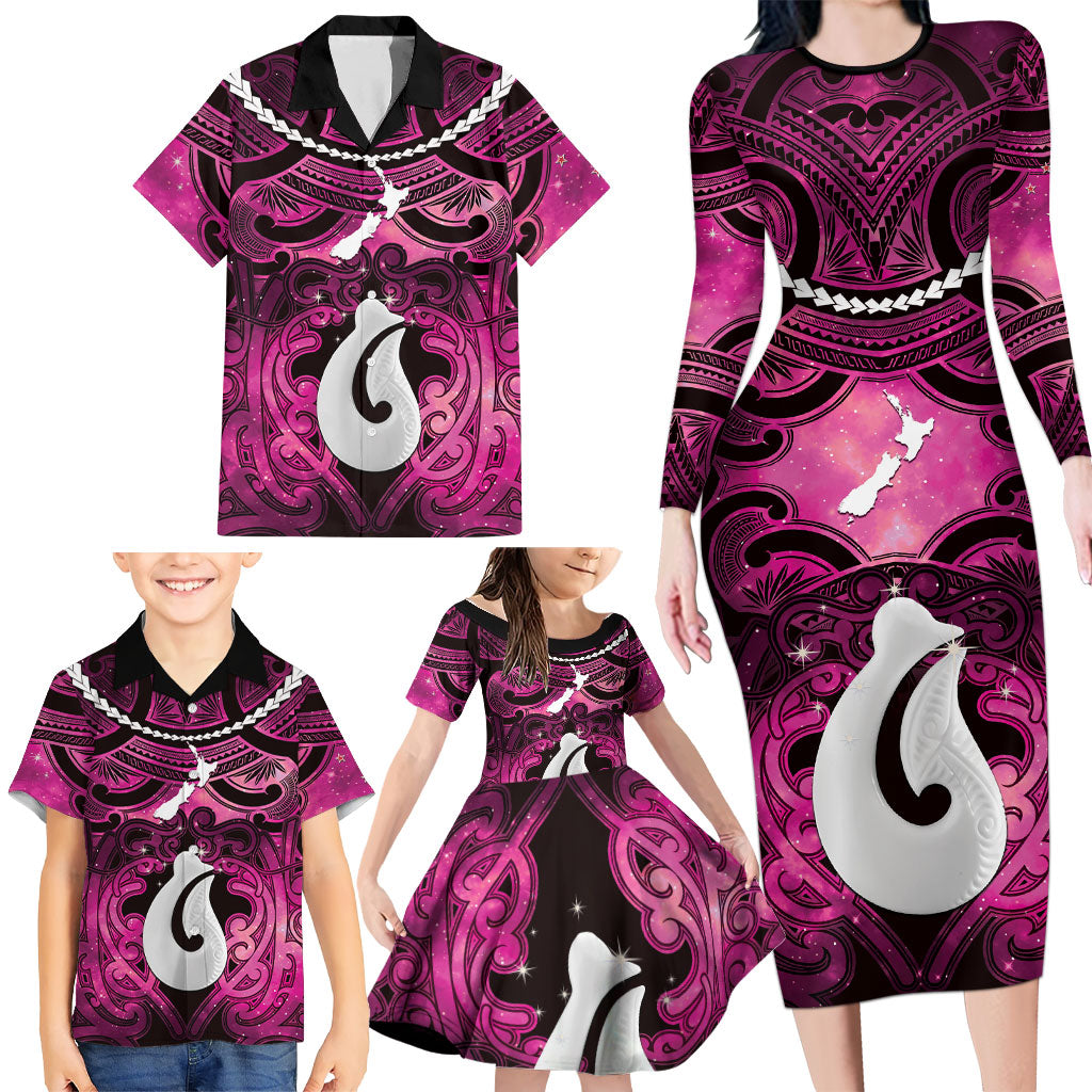 Personalised Maori Matariki Hei Matau Mawhero Family Matching Long Sleeve Bodycon Dress and Hawaiian Shirt Maori Kowhaiwhai Pattern Galaxy