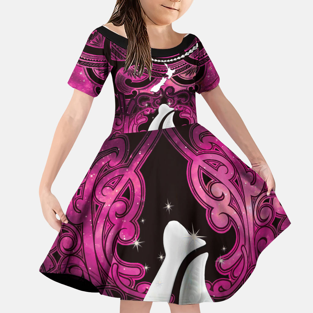 Personalised Maori Matariki Hei Matau Mawhero Family Matching Mermaid Dress and Hawaiian Shirt Maori Kowhaiwhai Pattern Galaxy LT01 Daughter's Dress Pink - Polynesian Pride