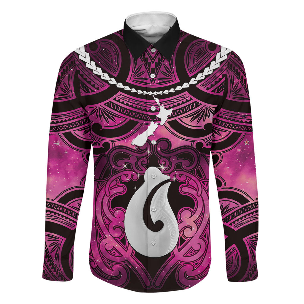 Personalised Maori Matariki Hei Matau Mawhero Family Matching Mermaid Dress and Hawaiian Shirt Maori Kowhaiwhai Pattern Galaxy LT01 Dad's Shirt - Long Sleeve Pink - Polynesian Pride