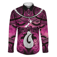 Personalised Maori Matariki Hei Matau Mawhero Family Matching Mermaid Dress and Hawaiian Shirt Maori Kowhaiwhai Pattern Galaxy LT01 Dad's Shirt - Long Sleeve Pink - Polynesian Pride