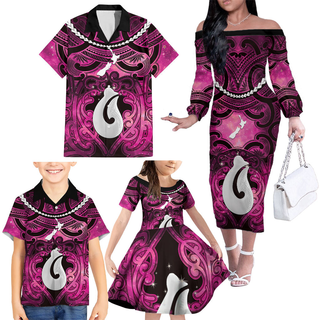Personalised Maori Matariki Hei Matau Mawhero Family Matching Off The Shoulder Long Sleeve Dress and Hawaiian Shirt Maori Kowhaiwhai Pattern Galaxy