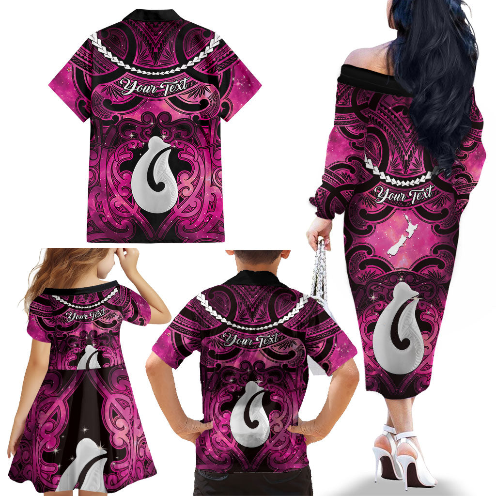 Personalised Maori Matariki Hei Matau Mawhero Family Matching Off The Shoulder Long Sleeve Dress and Hawaiian Shirt Maori Kowhaiwhai Pattern Galaxy