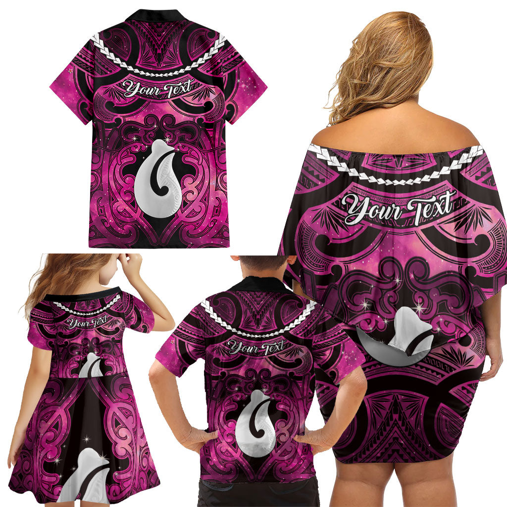 Personalised Maori Matariki Hei Matau Mawhero Family Matching Off Shoulder Short Dress and Hawaiian Shirt Maori Kowhaiwhai Pattern Galaxy