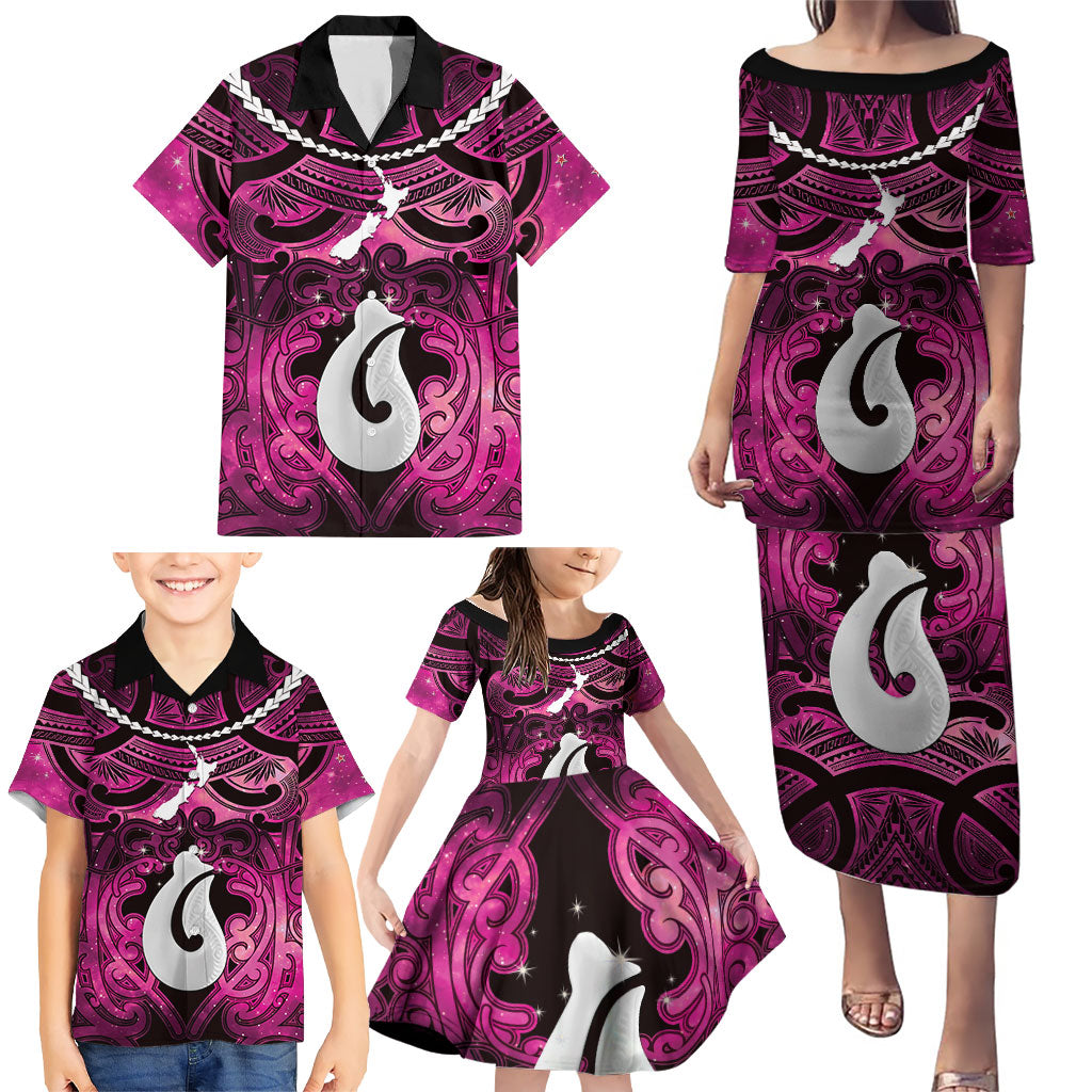 Personalised Maori Matariki Hei Matau Mawhero Family Matching Puletasi and Hawaiian Shirt Maori Kowhaiwhai Pattern Galaxy