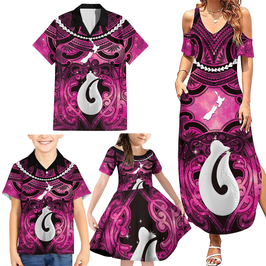 Personalised Maori Matariki Hei Matau Mawhero Family Matching Summer Maxi Dress and Hawaiian Shirt Maori Kowhaiwhai Pattern Galaxy
