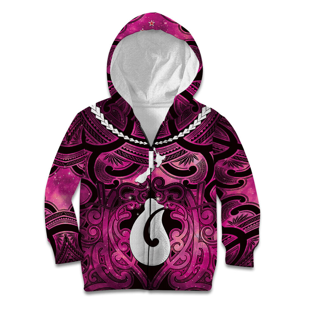 Personalised Maori Matariki Hei Matau Mawhero Kid Hoodie Maori Kowhaiwhai Pattern Galaxy LT01 Zip Hoodie Pink - Polynesian Pride
