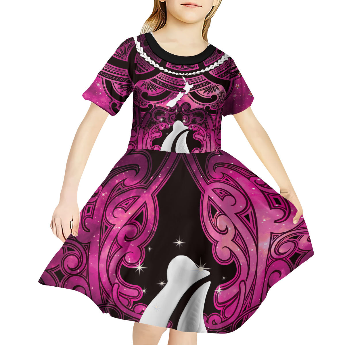 Personalised Maori Matariki Hei Matau Mawhero Kid Short Sleeve Dress Maori Kowhaiwhai Pattern Galaxy
