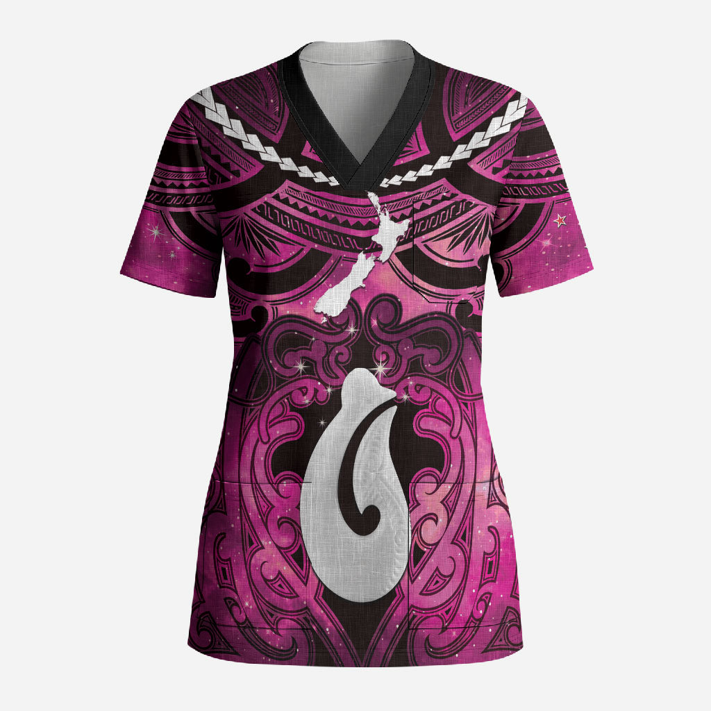 Personalised Maori Matariki Hei Matau Mawhero Scrub Top Maori Kowhaiwhai Pattern Galaxy LT01 Adult Pink - Polynesian Pride