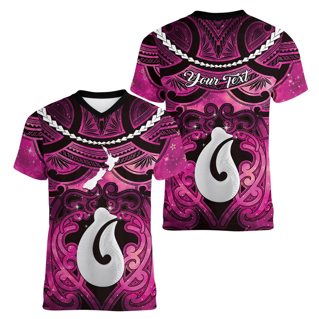 Personalised Maori Matariki Hei Matau Mawhero Women V-Neck T-Shirt Maori Kowhaiwhai Pattern Galaxy