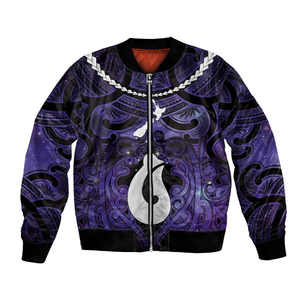 Personalised Maori Matariki Hei Matau Waiporoporo Bomber Jacket Maori Kowhaiwhai Pattern Galaxy