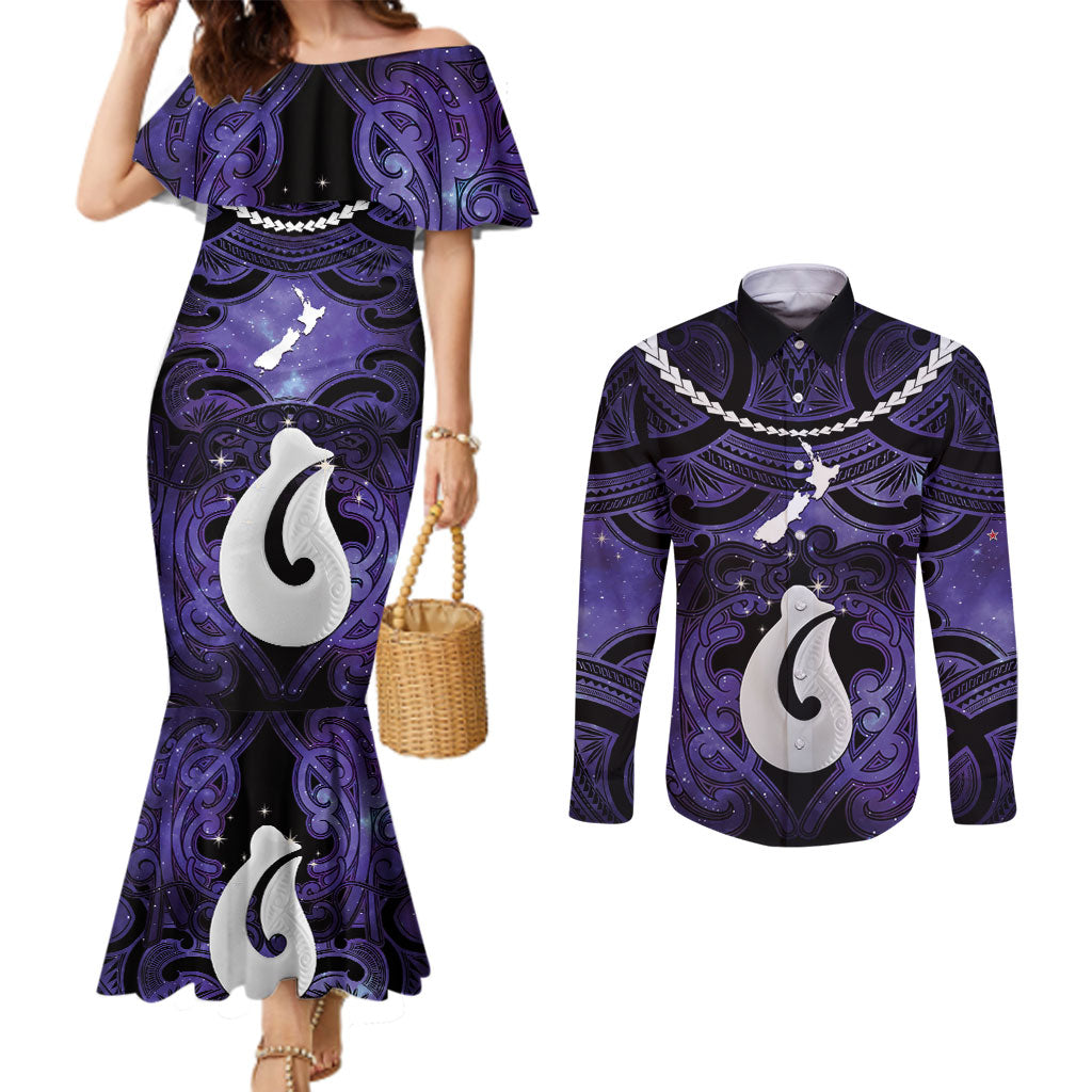 Personalised Maori Matariki Hei Matau Waiporoporo Couples Matching Mermaid Dress and Long Sleeve Button Shirt Maori Kowhaiwhai Pattern Galaxy