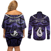 Personalised Maori Matariki Hei Matau Waiporoporo Couples Matching Off Shoulder Short Dress and Long Sleeve Button Shirt Maori Kowhaiwhai Pattern Galaxy