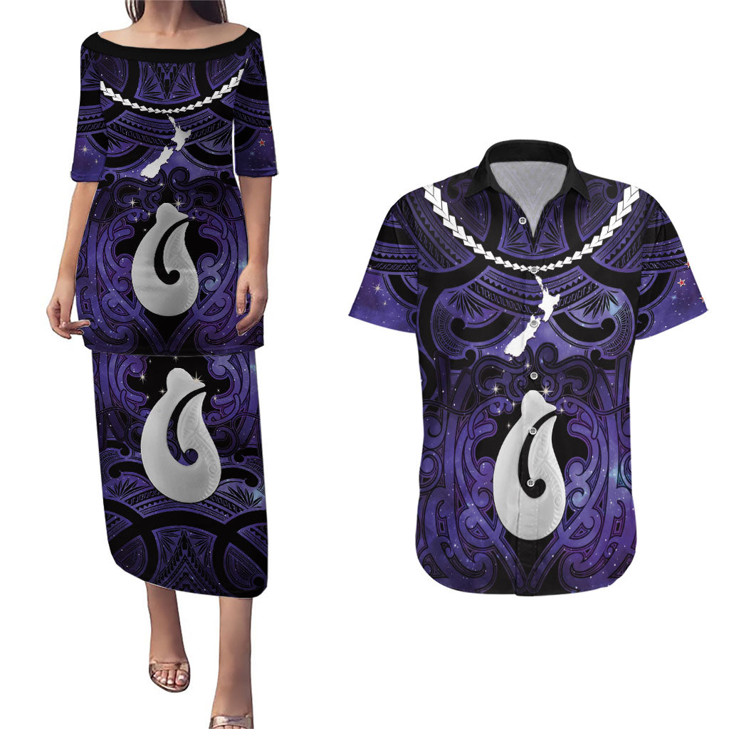 Personalised Maori Matariki Hei Matau Waiporoporo Couples Matching Puletasi and Hawaiian Shirt Maori Kowhaiwhai Pattern Galaxy