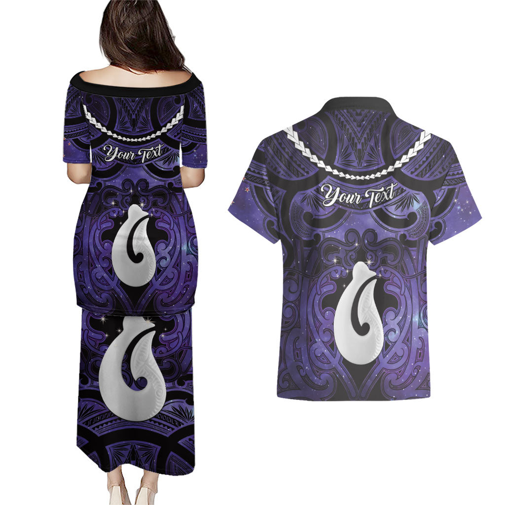 Personalised Maori Matariki Hei Matau Waiporoporo Couples Matching Puletasi and Hawaiian Shirt Maori Kowhaiwhai Pattern Galaxy