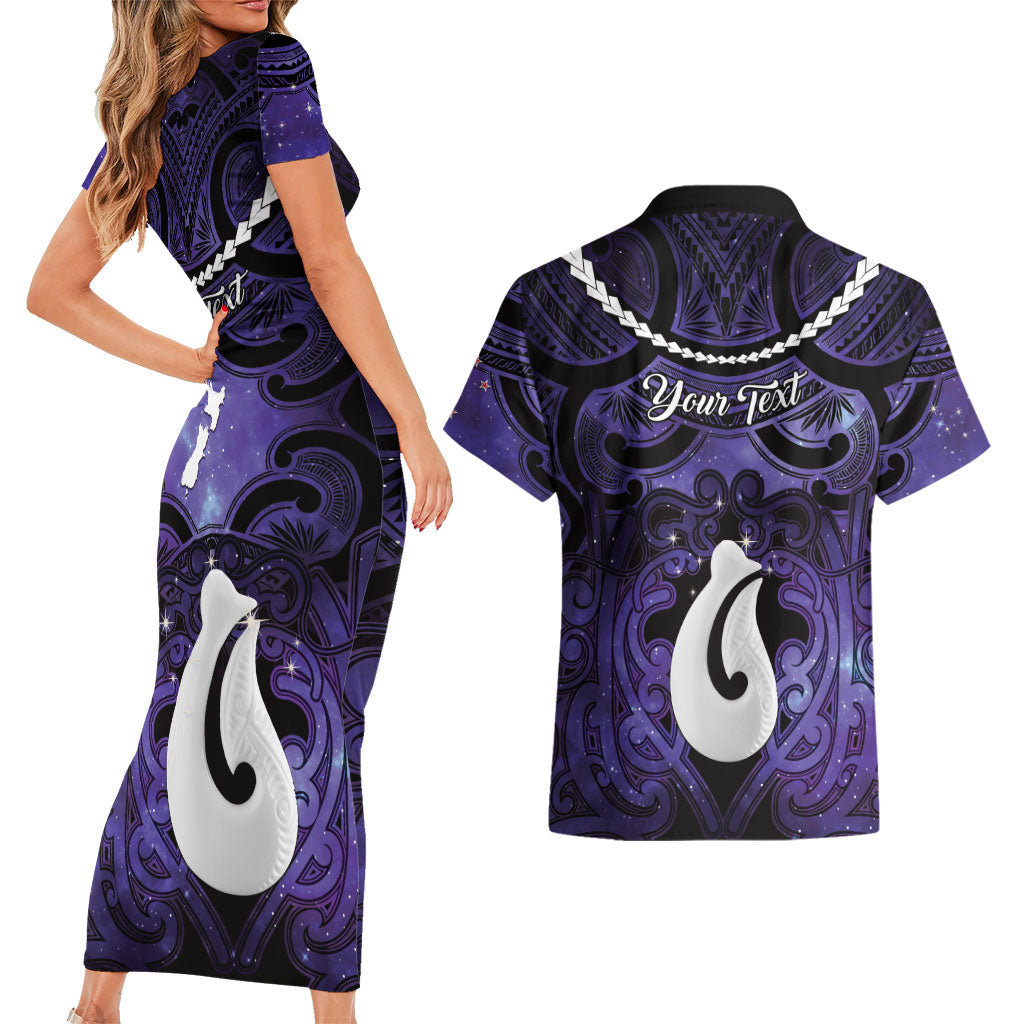 Personalised Maori Matariki Hei Matau Waiporoporo Couples Matching Short Sleeve Bodycon Dress and Hawaiian Shirt Maori Kowhaiwhai Pattern Galaxy