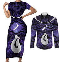 Personalised Maori Matariki Hei Matau Waiporoporo Couples Matching Short Sleeve Bodycon Dress and Long Sleeve Button Shirt Maori Kowhaiwhai Pattern Galaxy