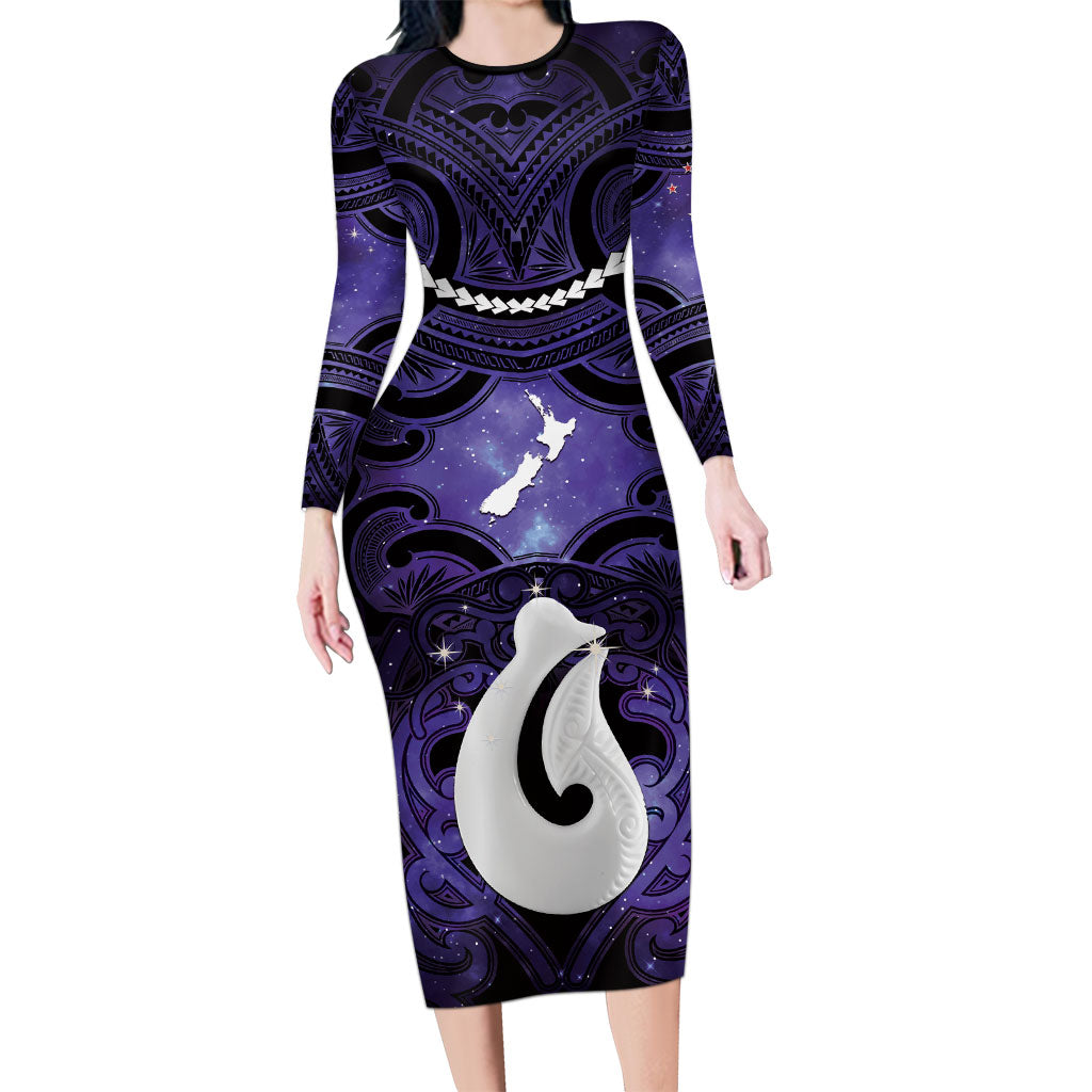 Personalised Maori Matariki Hei Matau Waiporoporo Family Matching Long Sleeve Bodycon Dress and Hawaiian Shirt Maori Kowhaiwhai Pattern Galaxy