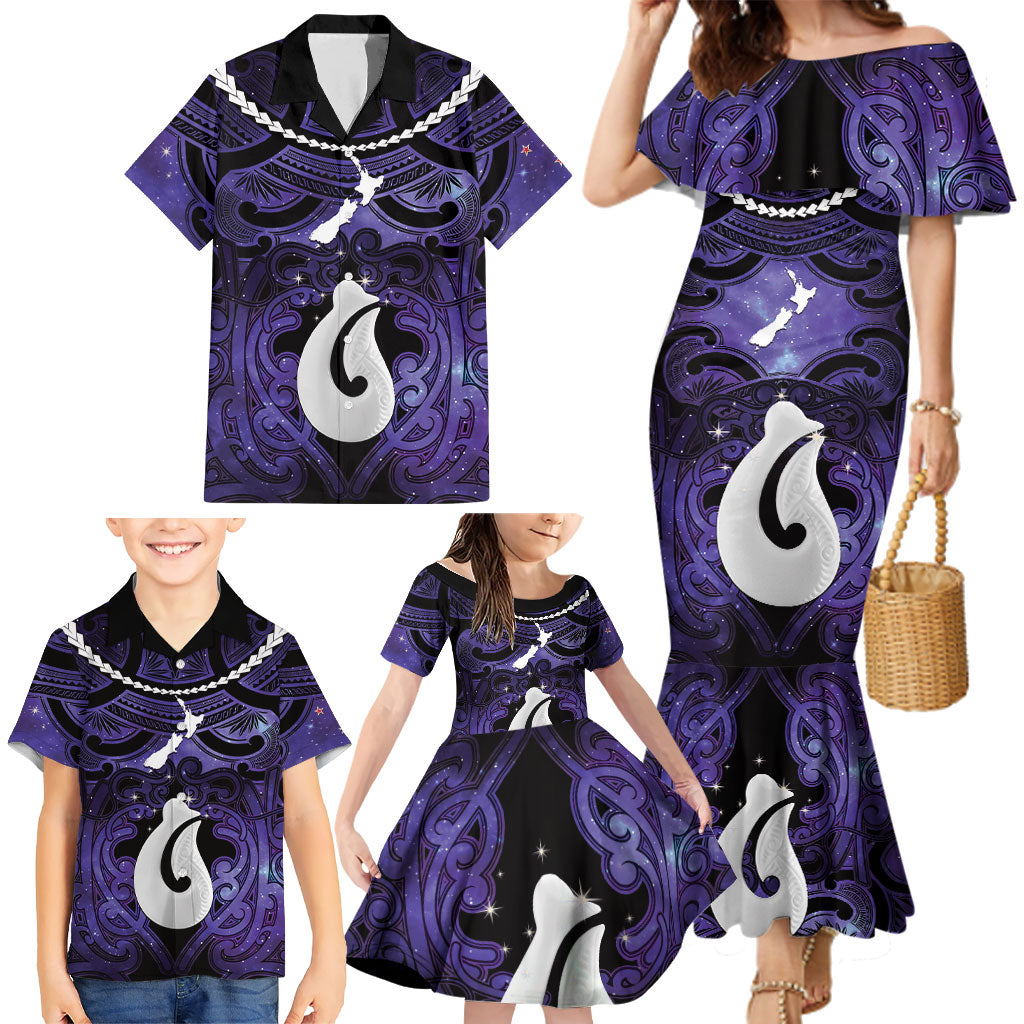 Personalised Maori Matariki Hei Matau Waiporoporo Family Matching Mermaid Dress and Hawaiian Shirt Maori Kowhaiwhai Pattern Galaxy