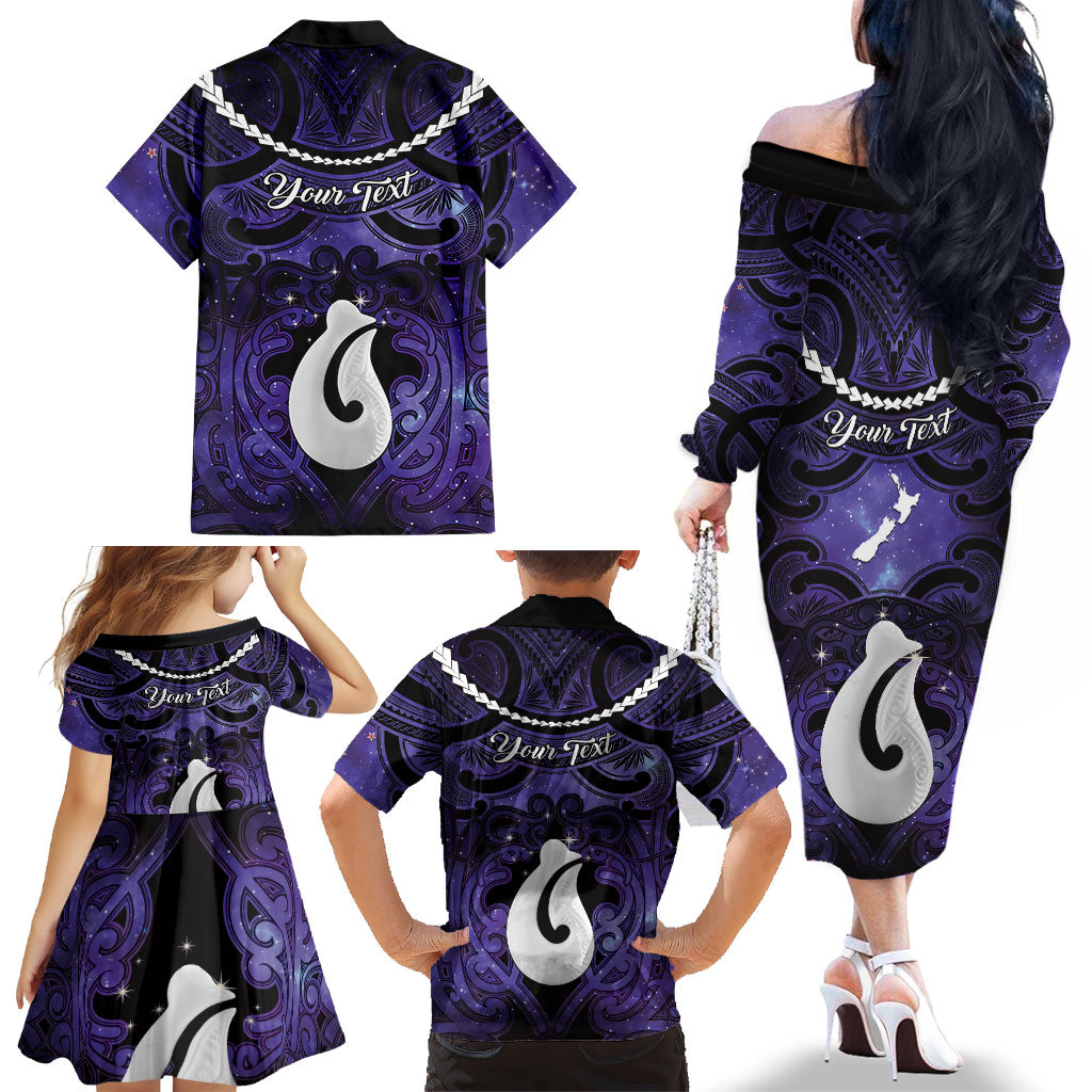 Personalised Maori Matariki Hei Matau Waiporoporo Family Matching Off The Shoulder Long Sleeve Dress and Hawaiian Shirt Maori Kowhaiwhai Pattern Galaxy