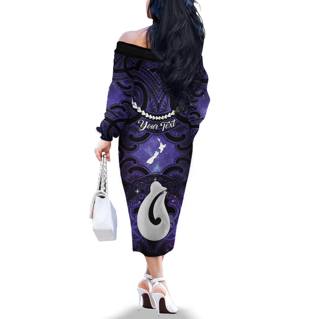 Personalised Maori Matariki Hei Matau Waiporoporo Family Matching Off The Shoulder Long Sleeve Dress and Hawaiian Shirt Maori Kowhaiwhai Pattern Galaxy