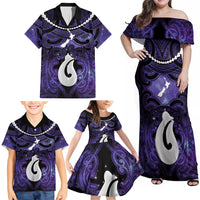 Personalised Maori Matariki Hei Matau Waiporoporo Family Matching Off Shoulder Maxi Dress and Hawaiian Shirt Maori Kowhaiwhai Pattern Galaxy
