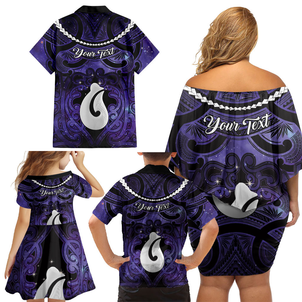 Personalised Maori Matariki Hei Matau Waiporoporo Family Matching Off Shoulder Short Dress and Hawaiian Shirt Maori Kowhaiwhai Pattern Galaxy