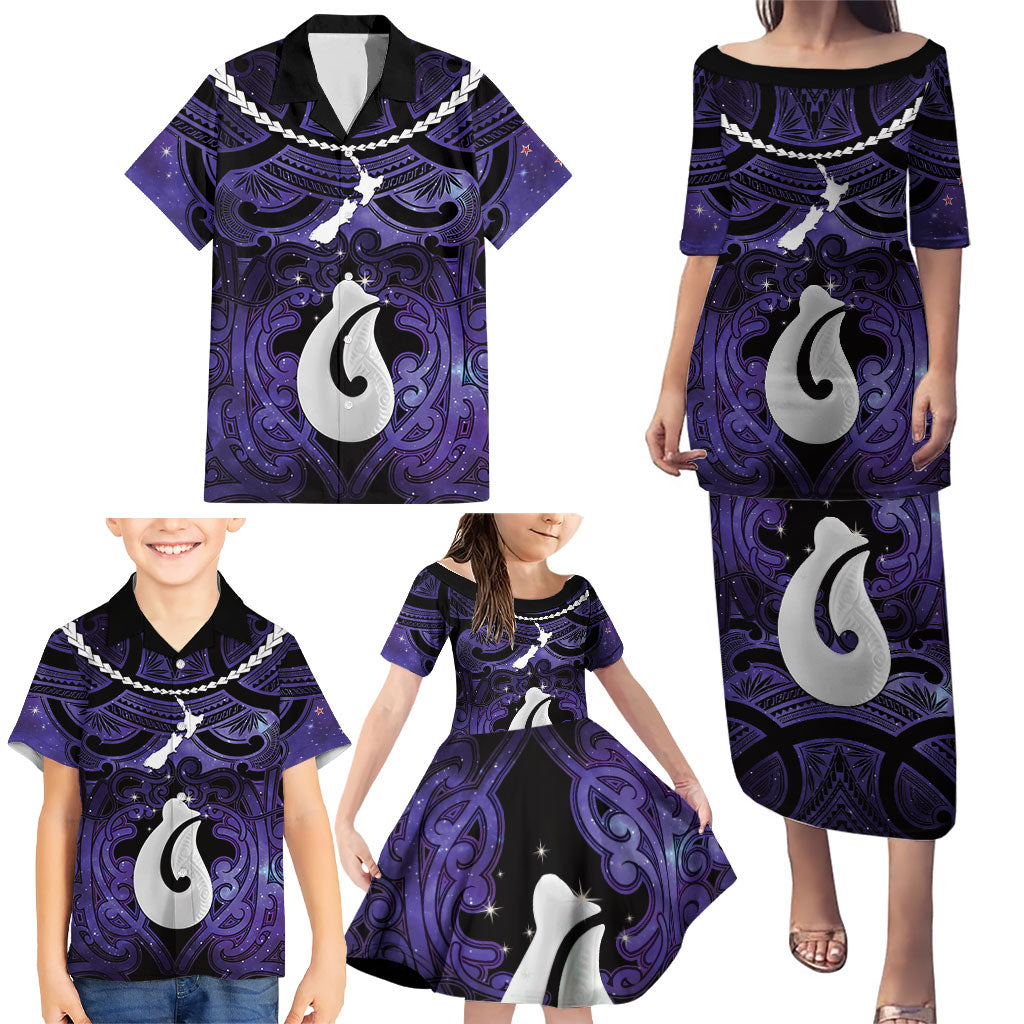 Personalised Maori Matariki Hei Matau Waiporoporo Family Matching Puletasi and Hawaiian Shirt Maori Kowhaiwhai Pattern Galaxy
