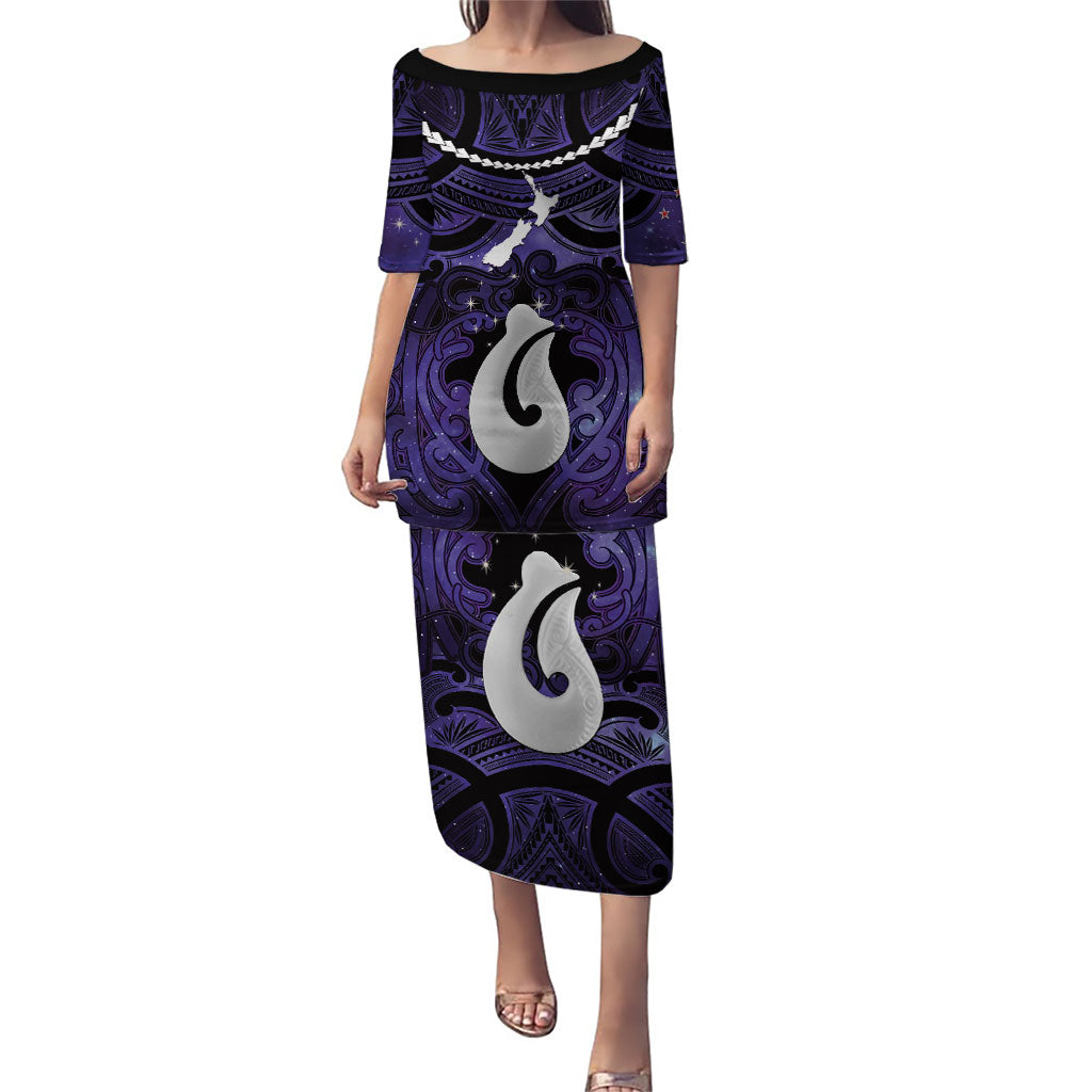 Personalised Maori Matariki Hei Matau Waiporoporo Family Matching Puletasi and Hawaiian Shirt Maori Kowhaiwhai Pattern Galaxy