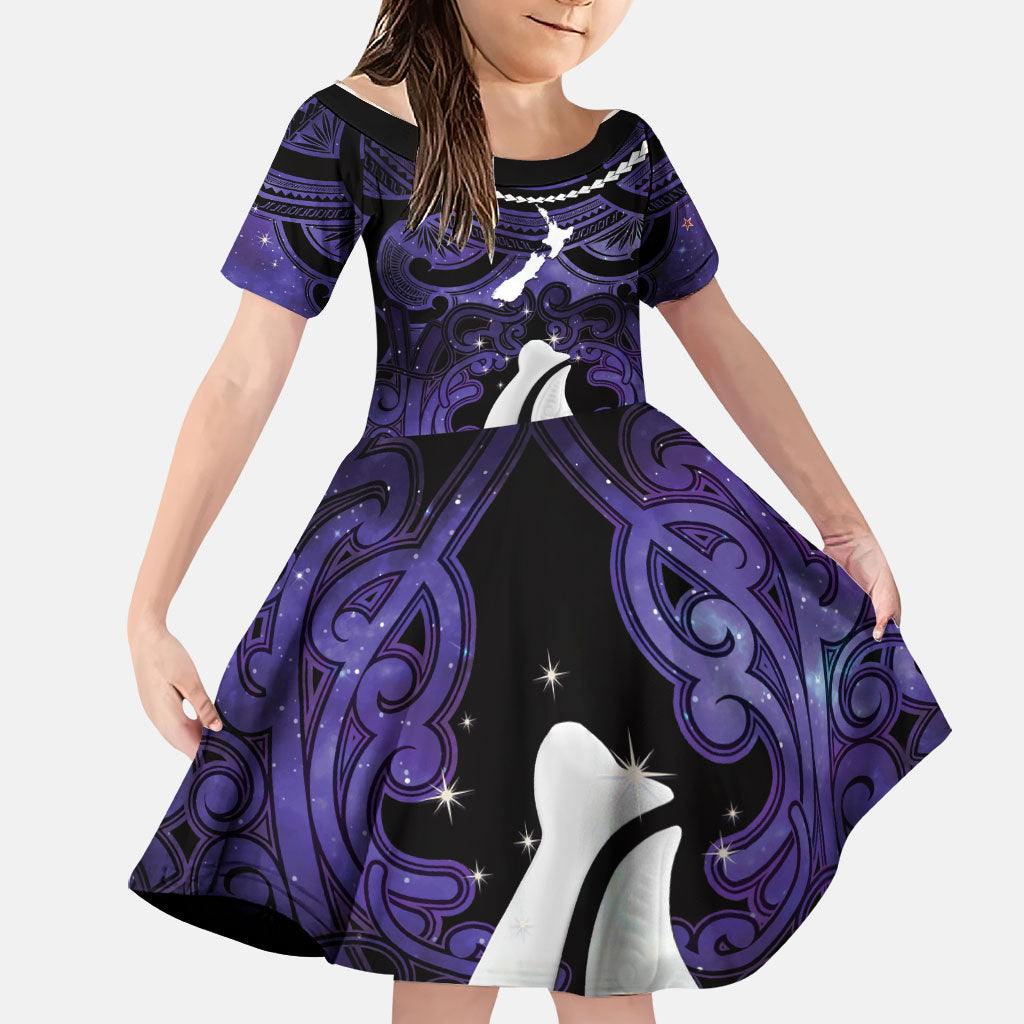 Personalised Maori Matariki Hei Matau Waiporoporo Family Matching Tank Maxi Dress and Hawaiian Shirt Maori Kowhaiwhai Pattern Galaxy LT01 Daughter's Dress Purple - Polynesian Pride