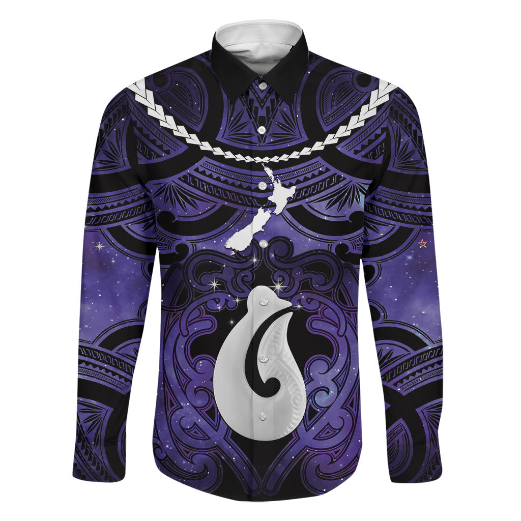 Personalised Maori Matariki Hei Matau Waiporoporo Family Matching Tank Maxi Dress and Hawaiian Shirt Maori Kowhaiwhai Pattern Galaxy LT01 Dad's Shirt - Long Sleeve Purple - Polynesian Pride