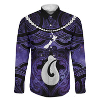 Personalised Maori Matariki Hei Matau Waiporoporo Family Matching Tank Maxi Dress and Hawaiian Shirt Maori Kowhaiwhai Pattern Galaxy LT01 Dad's Shirt - Long Sleeve Purple - Polynesian Pride