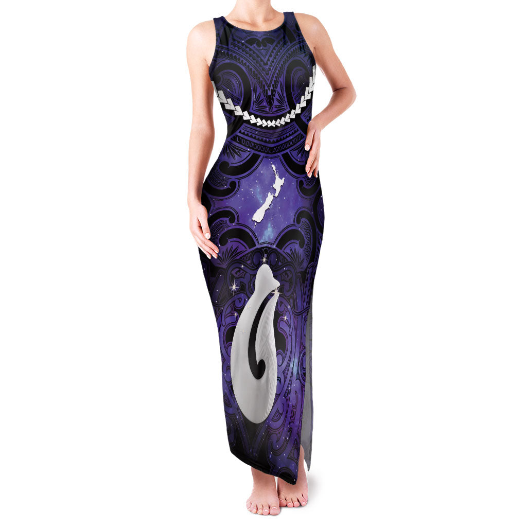 Personalised Maori Matariki Hei Matau Waiporoporo Family Matching Tank Maxi Dress and Hawaiian Shirt Maori Kowhaiwhai Pattern Galaxy LT01 Mom's Dress Purple - Polynesian Pride