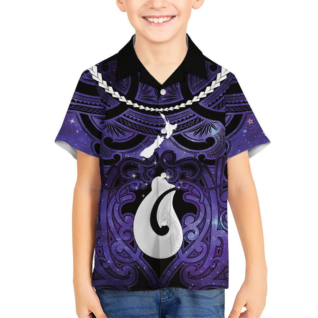 Personalised Maori Matariki Hei Matau Waiporoporo Family Matching Tank Maxi Dress and Hawaiian Shirt Maori Kowhaiwhai Pattern Galaxy LT01 Son's Shirt Purple - Polynesian Pride