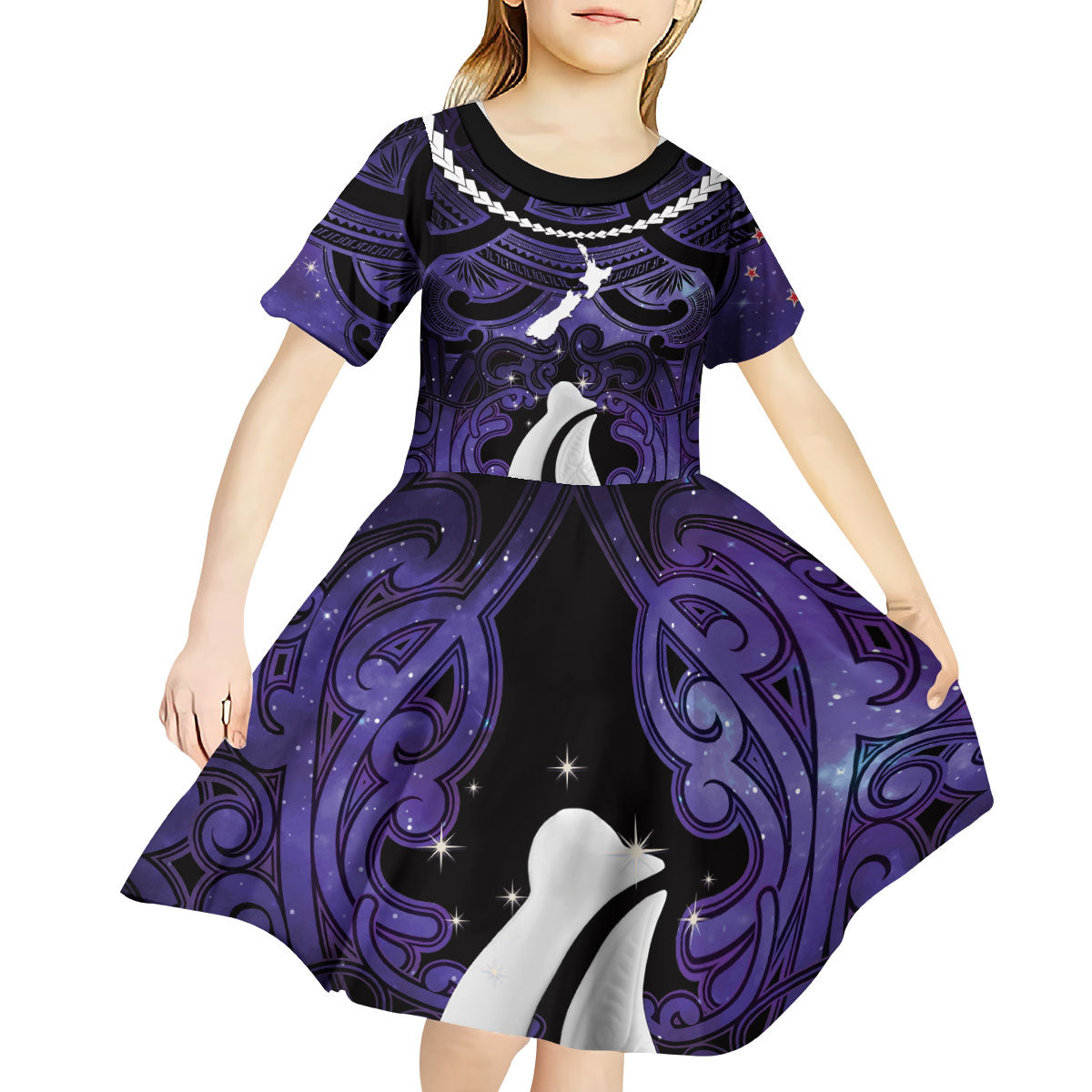 Personalised Maori Matariki Hei Matau Waiporoporo Kid Short Sleeve Dress Maori Kowhaiwhai Pattern Galaxy